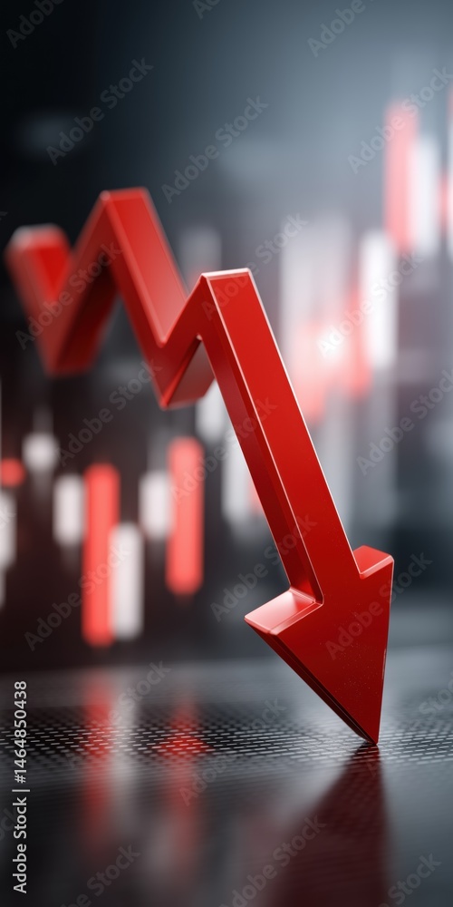 Poster a red arrow pointing down on a dark background. concept of decline or decrease