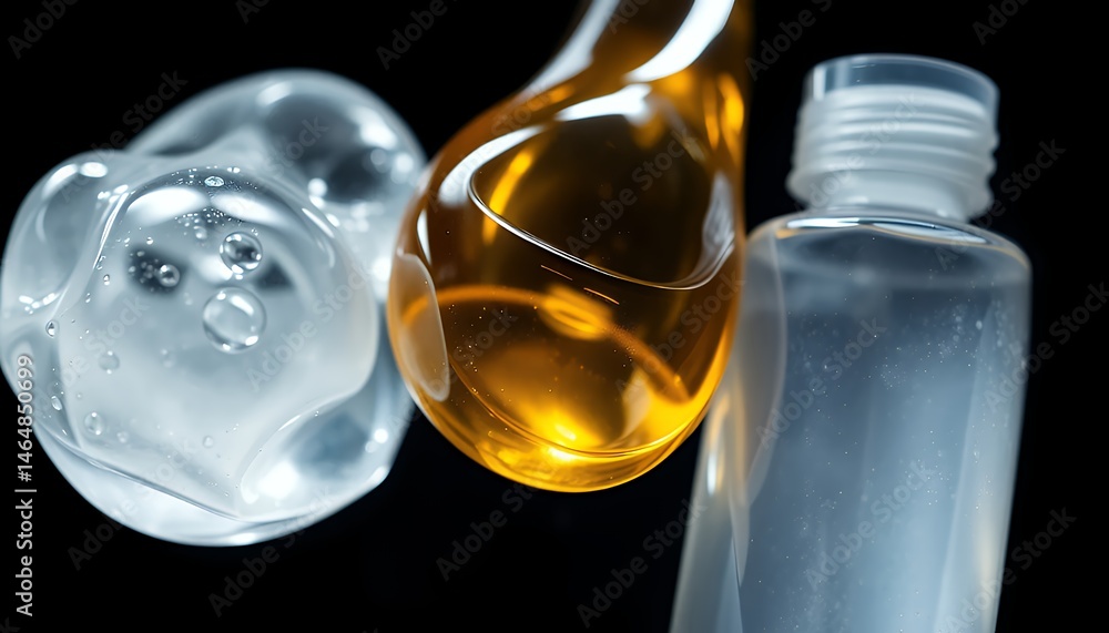 Poster close up translucent containers with clear and amber liquids on black backdrop minimalist design