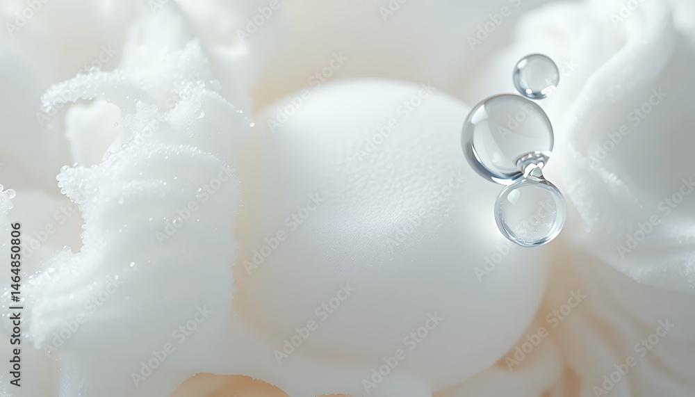 Poster close up white sphere nestled in foam with clear droplets in a clean macro still life