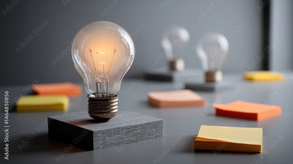 Poster a bright light bulb resting on a table representing ideas and creative flow in content creation and 