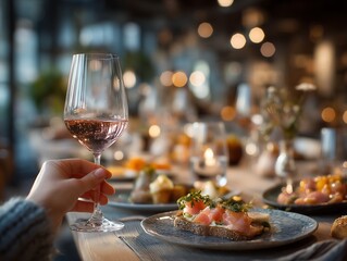 A hand gracefully lifting a wine glass above a table set with appetizers, warm commercial lighting and soft focus