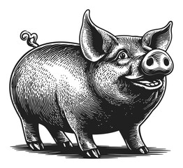 Fototapeta premium Detailed Engraving of a Happy Pig in an Artistic Style