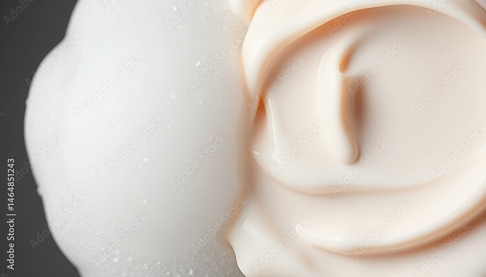 Poster contrasting textures of cream and foam in a clean studio setting featuring peach cream and white foa