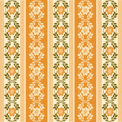 seamless vertical floral stripe pattern in warm orange and peach tones. Featuring repeating folk-style flower motifs and symmetrical borders. Perfect for textile design, packaging, or digital paper. © windmill