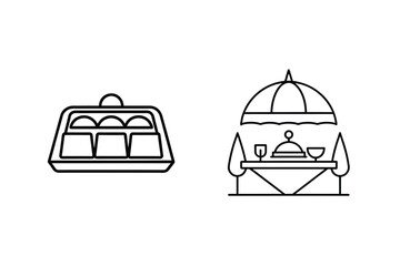 Simple black and white catering illustration of food service and table setting