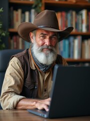 Mature man with gray beard and cowboy hat typing on laptop in cozy library setting with wooden shelves and warm atmosphere