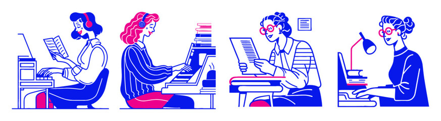 Modern Minimalist Illustration of Women Working at Desks
