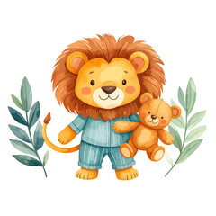 Cute lion in pajamas holding 