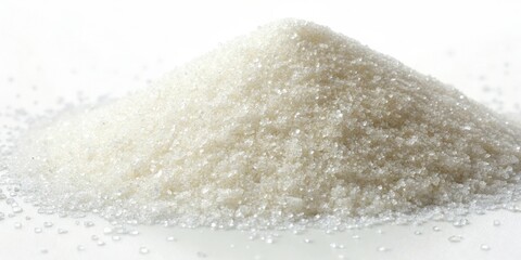 Sugar pile on smooth white background showcasing granulated texture and sparkling crystals in bright light
