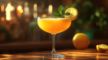 Sidecar cocktail served in a bar glass with lemon and mint, creating a refreshing drink experience