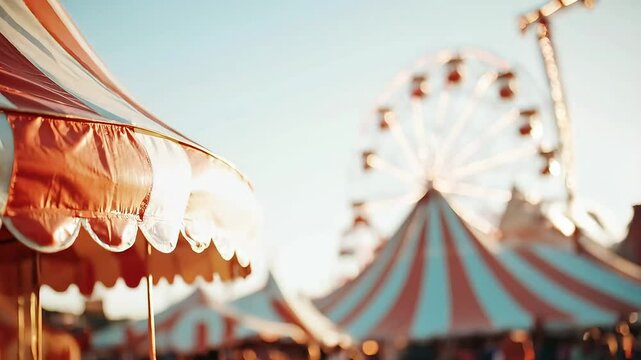 Vibrant carnival atmosphere with colorful tents and a giant ferris wheel during golden hour at a summer fair