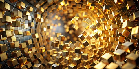 Golden Cubes Cascade in a Dynamic, Abstract Vortex of Light and Shadow