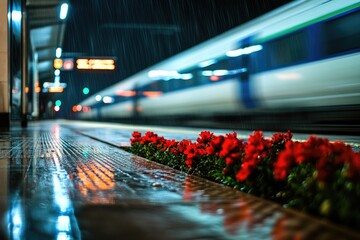 Rain-soaked train station platform at night with vibrant red flowers