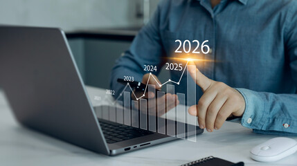 Increase arrow graph corporate business future growth year 2026. New opportunity, challenge and strategy. New plans,goals and visions in business for new year 2026.