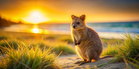 Golden Hour Coastal Marsupial A small, fluffy creature basks in the warm glow of the setting sun, near the ocean's edge.