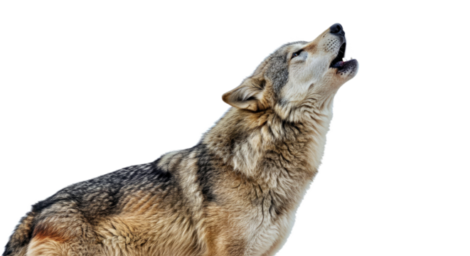 Gray wolf howling with mouth open and head tilted back, full body isolated on white background