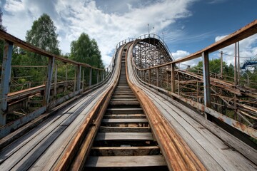 Obraz premium Forgotten Thrills: A Rust-Eaten Old Roller Coaster in an Abandoned Amusement Park
