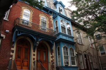 Fototapeta premium Historic Philadelphia House: Captivating Brownstone Architecture in Vibrant Blue and Brown Tones