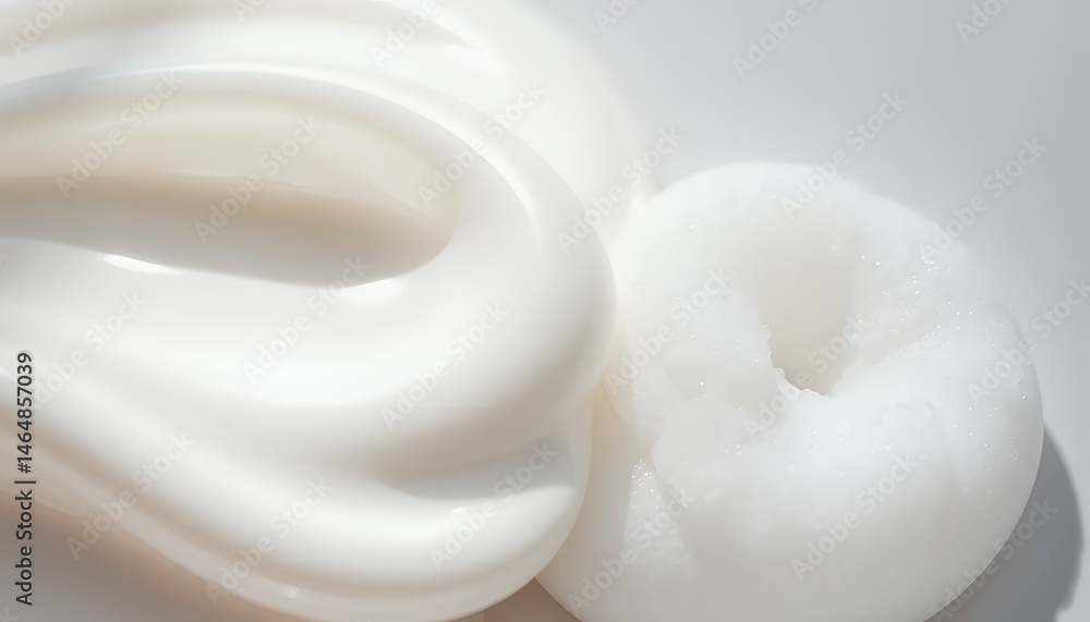 Poster high angle closeup of swirls cream like substance with white texture and smooth glossy background in