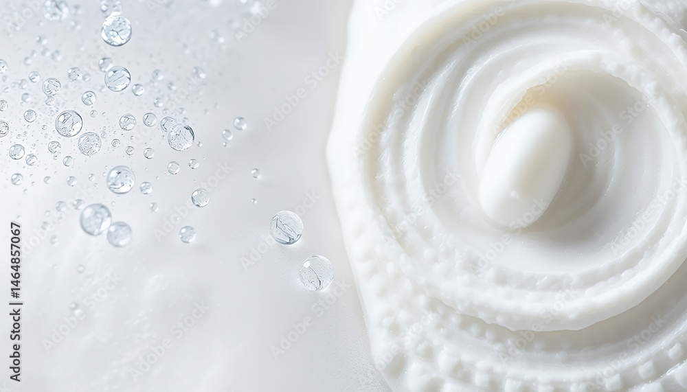 Poster high angle shot of white swirl cream texture background with water droplets creating dynamic and ref