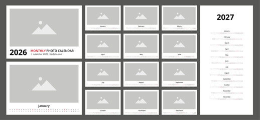 Photo Calendar 2026, monthly templates with space for image, week starts monday, plus ready to use 2027 calendar. 