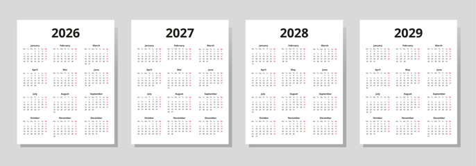 2026, 2027, 2028, 2029 years calendar template set. week starts monday, simple design with red sundays, editable vector