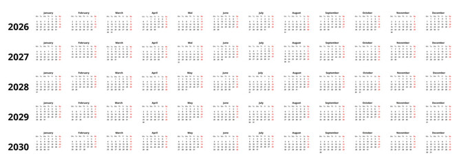 calendar template set for years 2026, 2027, 2028, 2029, 2030. week starts monday, vertical design with red sundays, editable vector