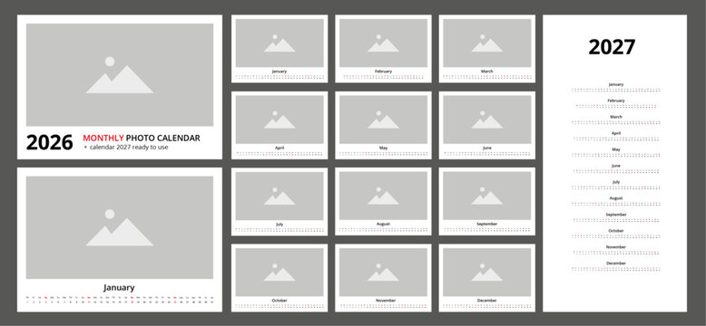 Photo Calendar 2026, monthly templates with space for image, week starts monday, plus ready to use 2027 calendar. 