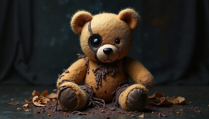 Distressed teddy bear seated on ground with dark backdrop, Halloween  