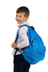 Happy School Boy with Backpack Smiling. Back to School Concept on White Background, Ideal for Education, Learning, and Childhood Themes