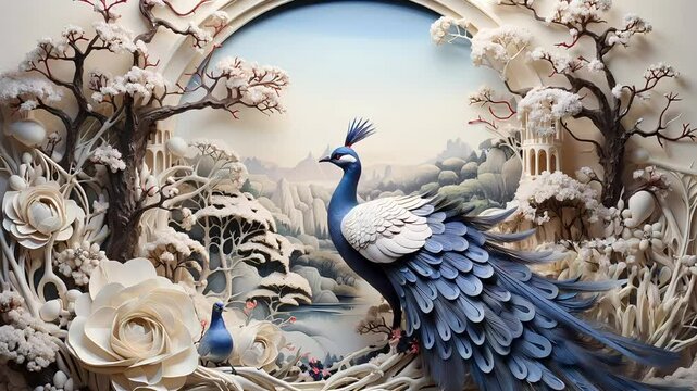 Stunning vector artwork featuring a peacock in a serene landscape with blossoming trees and intricate designs