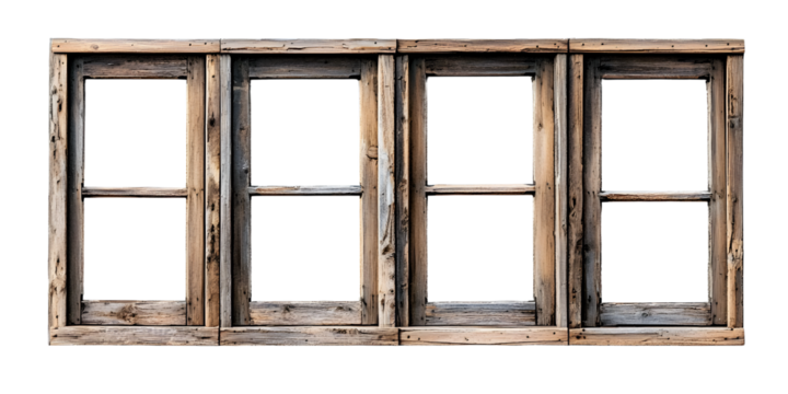 Antique wooden window frames on white backdrop.