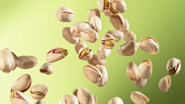 Super Slow Motion Shot of Fresh Pistachio Nuts Flying Up on Green Background at 1000fps.