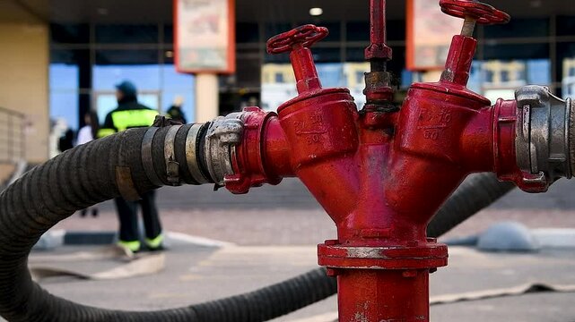Red fire hydrant with connected hoses against the background of working firefighters