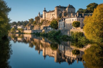 Stunning Reflections of Laval Castle on the Banks of the Mayenne River in the Heart of Loire, France
