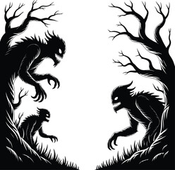 Fototapeta premium Intricate Black and White Fantasy Creature – Dark Dragon in Gothic Forest with Twisted Trees