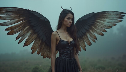 Woman with wings expressing mystery in a foggy landscape - Halloween  
