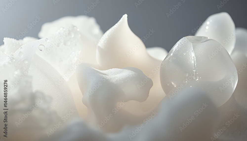 Poster macro shot of glistening white abstract foam with water droplets on a gradient gray background showc