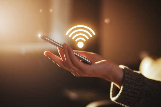 Check signal strength concept. A hand holding a smartphone with a glowing Wi-Fi symbol in a warm setting.