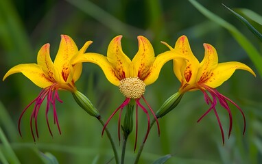 Obraz premium Stunning Trio of Yellow Lilies with Red Stamens Botanical Closeup