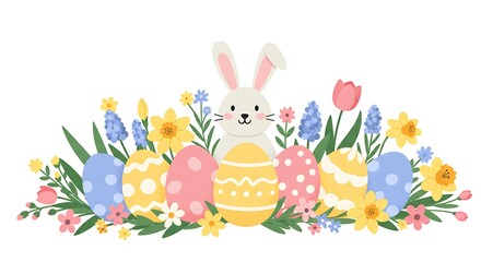 Obraz premium Easter Eggs and Bunny with Spring Flowers Illustration