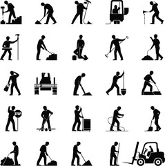 Construction Worker Silhouettes – Manual Labor and Industrial Scene in Black and White Vector Art