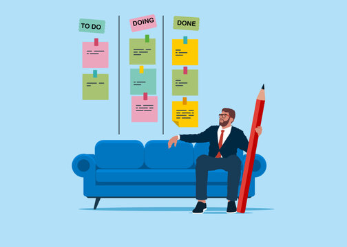 Businessman review project progress on work board while comfortably sitting on a couch. Todo list, in progress task and finished one, project management or planning for production. Vector