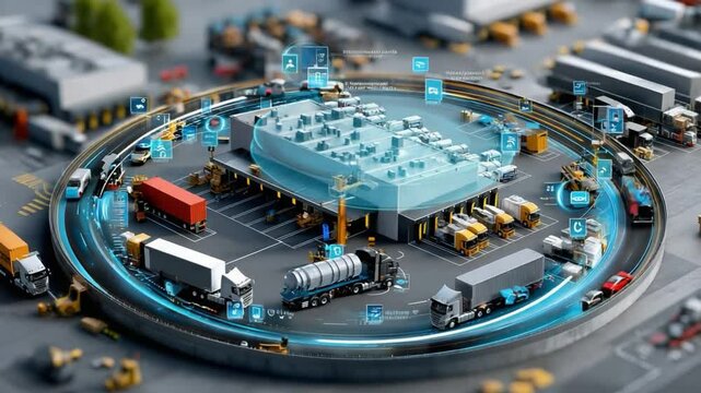 Smart Logistics Hub: A detailed, isometric illustration showcases a dynamic logistics hub, depicting the seamless coordination of trucks, warehouses, and data.