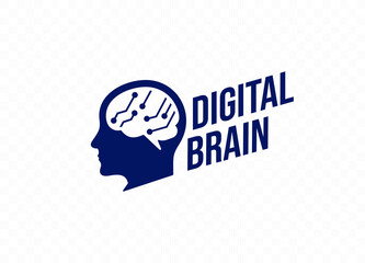 Human head silhouette with brain and circuit, AI, technology, and thinking power vector logo design