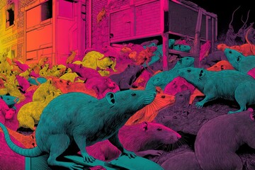 80s Horror: Colorful Illustration of Giant Mutant Rats Attacking Philadelphia