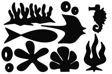 Sillhouette sea life background vector,marine biota sillhouette background image,ocean life vector on black background, underwater design background  on black illustration 