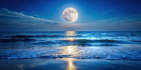Serene ocean waves gently caress the shoreline under a breathtaking full moon's luminous glow, painting a picturesque nightscape