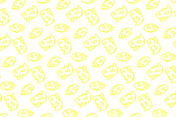 Cartoon Cheese doodle seamless pattern for background and packaging. Vector design. Various cheese design wallpaper. Variety of cheese icon. Cheese pattern background set. Collection icon cheese.