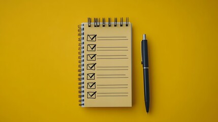 Spiral-bound notepad with checklist and pen on yellow surface.